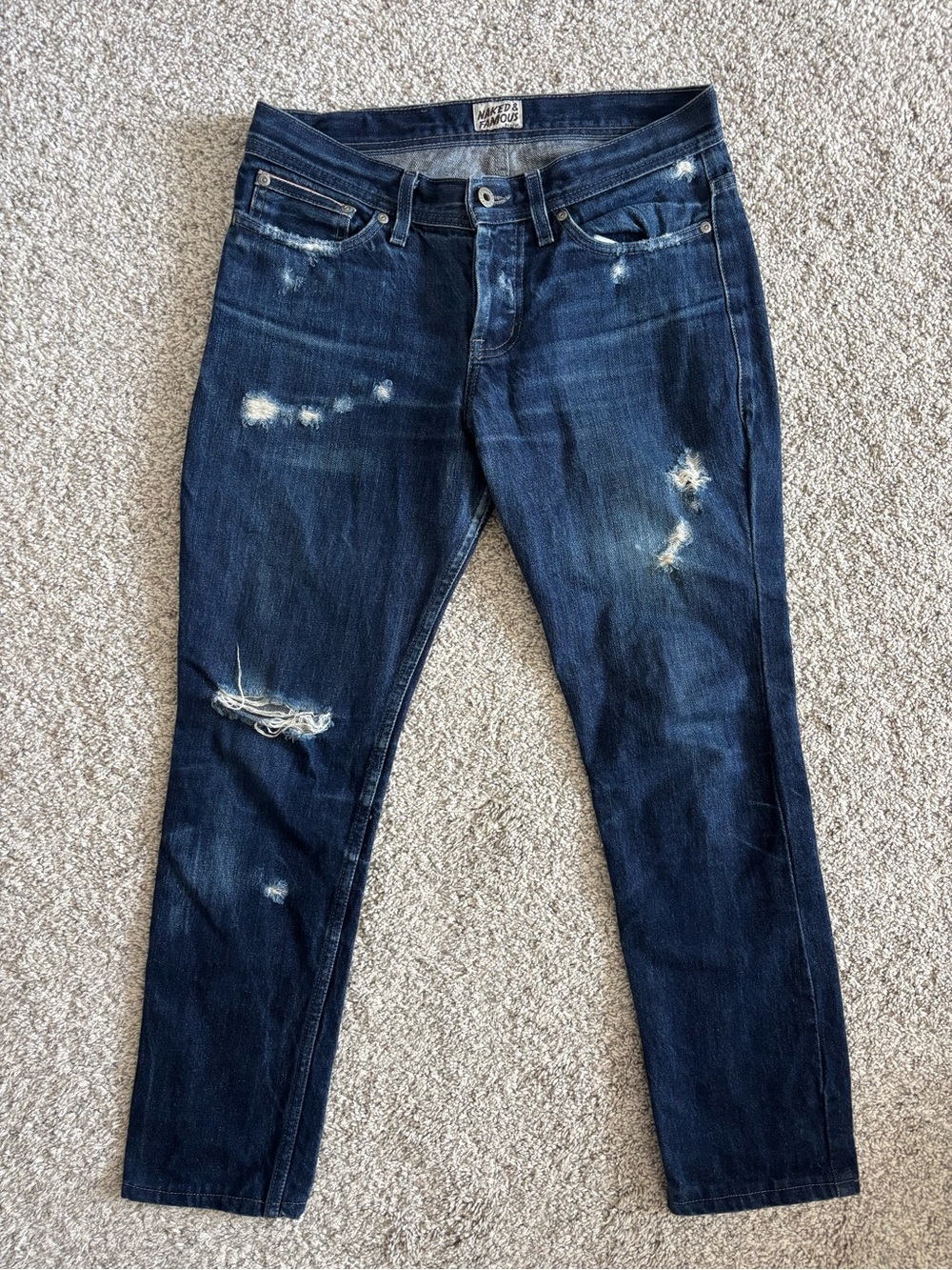 Naked & Famous slim straight dark blue distressed jeans